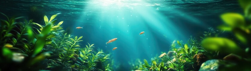 Fototapeta premium Beneath the serene surface, sunlight filters through vibrant water plants, creating a peaceful underwater scene filled with marine life.