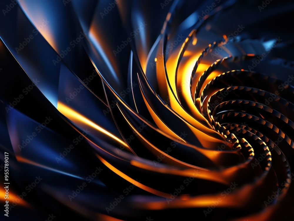 Poster abstract swirl of metallic blades with vibrant orange and blue tones, creating a dynamic visual effe