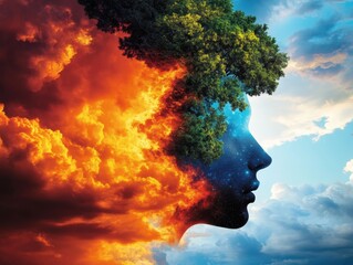 A surreal depiction of nature blending with a human profile, showcasing elements of fire, water, and greenery in harmony.