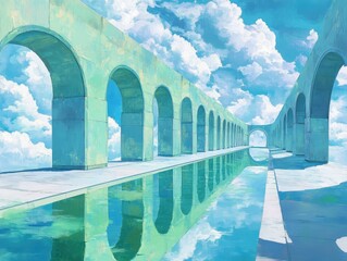 Fototapeta premium A serene landscape featuring arches reflected in tranquil water under a vibrant sky filled with fluffy clouds.