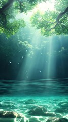 Obraz premium A serene forest scene with luminous rays of sunlight filtering through the trees and reflecting off the tranquil water below.