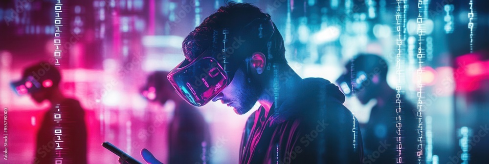 Aufkleber individuals bow their heads, focused on smartphone screens as digital codes surround them, showcasin