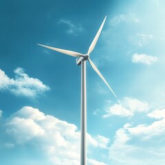 A picturesque wind turbine standing tall against a blue sky with fluffy clouds, representing renewable energy and sustainability.