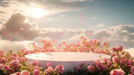 Round podium with pink roses and petal, cloudy sky as background, ethereal and dreamy atmosphere, for product photography like accessory and jewel.