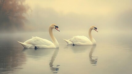 Fototapeta premium ethereal scene of graceful swans on misty water their reflections creating intricate patterns soft pastel hues and dreamy atmosphere evoke fairytalelike tranquility