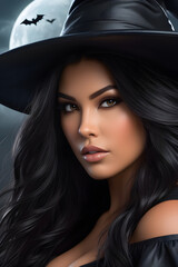 Beautiful Witch With Black Hair And A Hat