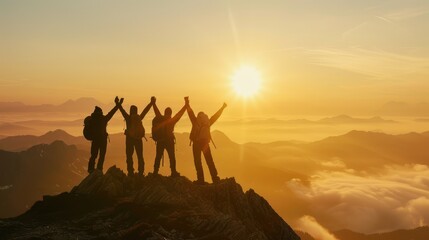 Obraz premium Group of Hikers Celebrate Summit Achievement at Sunrise