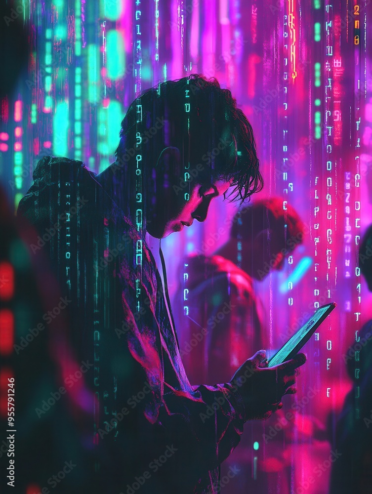 Aufkleber people are engaged with their smartphones, surrounded by a visual landscape of digital numbers and c