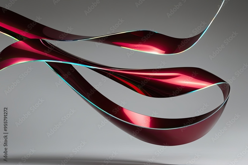 Poster dynamic metallic ruby strip with iridescent outline in 3d flowing design