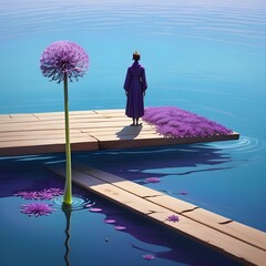 A figure dressed in a purple robe stands on a wooden platform surrounded by tranquil blue water. Vibrant purple flowers float nearby