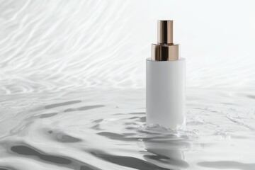 Naklejka premium Elegant skincare bottle gracefully resting on a rippling water surface, creating a tranquil atmosphere of rejuvenation and purity in a serene setting. Generative AI
