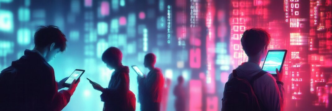 Individuals bowed over their smartphones are surrounded by floating digital numbers, highlighting isolation in a tech-driven world. Generative AI