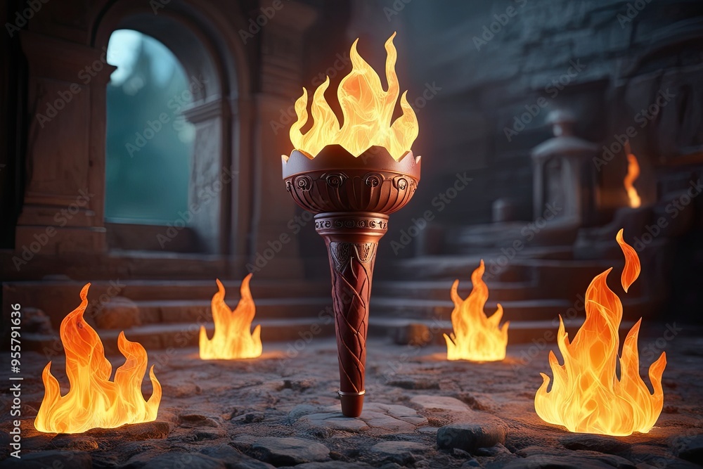 Poster 3d visualization of a blazing ancient torch with fiery flames and glow