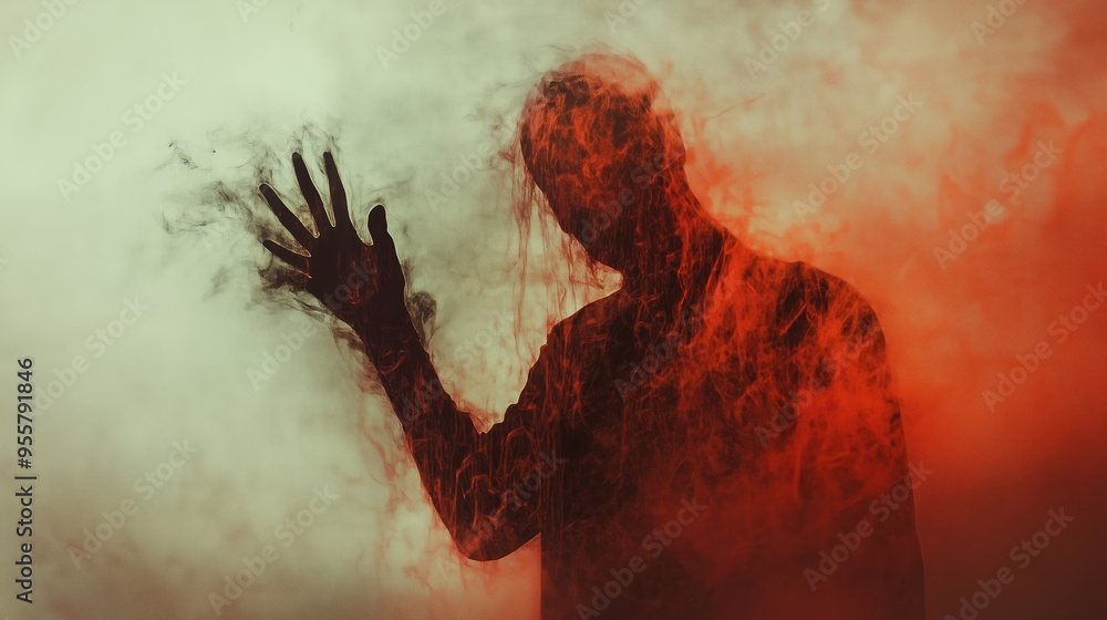 Poster a shadowy figure stands against a smoky backdrop with red and white hues, creating a mysterious and 