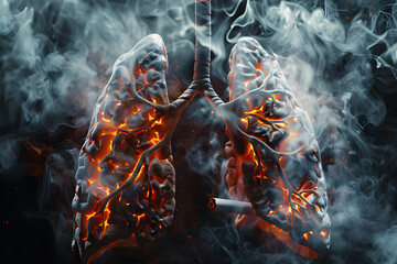 3D rendering of human lungs affected by cigarette smoke, with an emphasis on realistic textures and a somber color palette