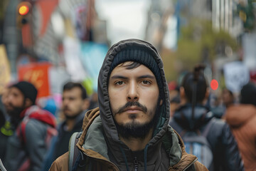 Committed activist in the midst of a demonstration, showing passion and determination in defense of social rights and causes.