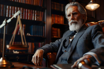 Portrait of a committed lawyer at his law firm, defending rights and justice with integrity and determination in the legal system.