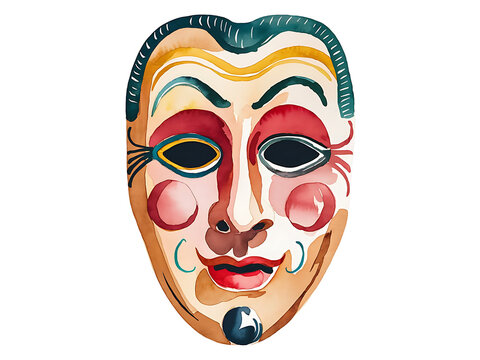 recommend clip art: Comedy masks of theater actors, watercolor clipart isolated white background.