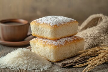 Naklejka premium Freshly baked sweet bread with powdered sugar served alongside rice and coffee on a rustic wooden table