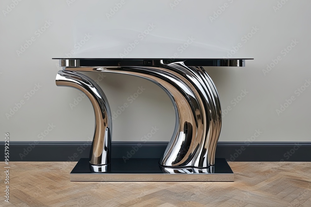Poster modern chrome mantle with dynamic fluid metal design in 3d structure