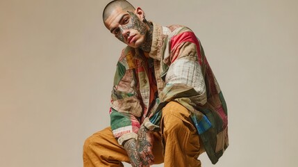 Obraz premium A man with tattoos poses confidently while wearing a colorful patchwork jacket and oversized pants, showcasing his unique style
