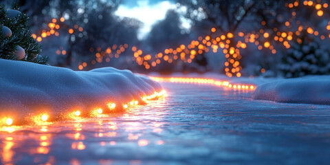 Fototapeta premium A snowy path lit by warm string lights, leading through a winter wonderland.