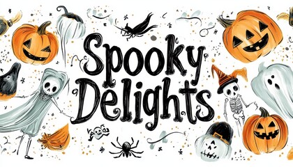 Spooky Delights Halloween Illustration with Pumpkins, Skeletons, and Ghosts