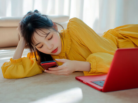 A young Asian woman lying in a bright room, checking her social media. AI generative