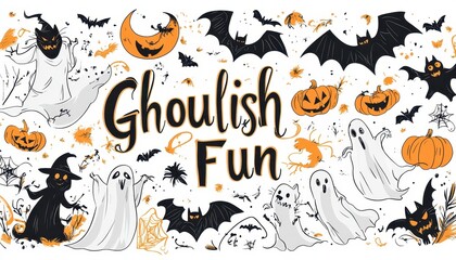 Halloween Illustration with Ghosts, Bats, Pumpkins, and the Text "Ghoulish Fun"