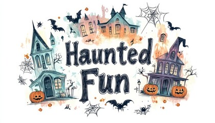 Fototapeta premium Halloween Haunted Houses with Pumpkins and Bats