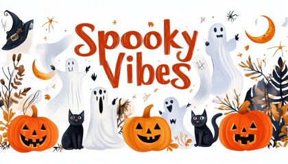 Spooky Halloween Illustration with Pumpkins, Ghosts, and Cats