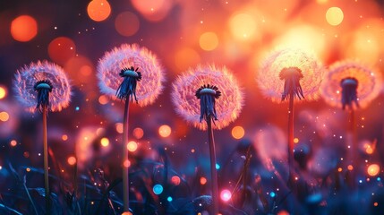 Dandelion Seeds Illuminated by Warm Bokeh Lights