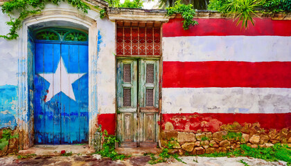 Puerto Rico culture. Exterior of old dilapidated building and a door painted door with Puerto Rican flag