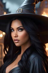 Beautiful Witch With Black Hair And A Hat