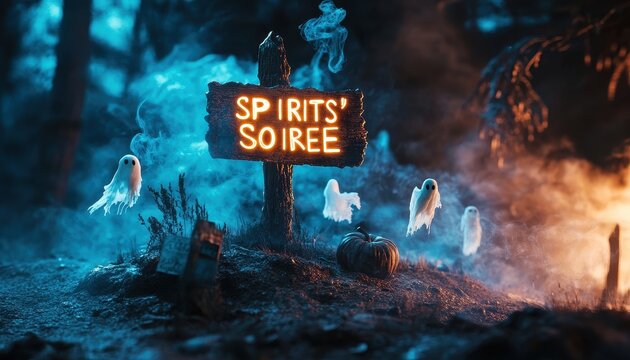 A Glowing Sign Welcoming Spirits to a Halloween Soiree in a Foggy Forest