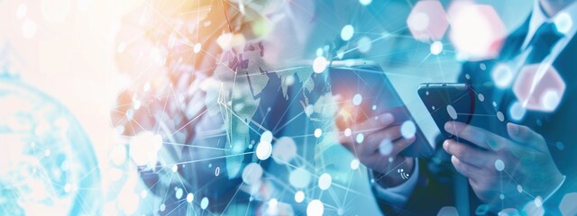 Global Connection: Businessperson Using Tablet with World Map Overlay