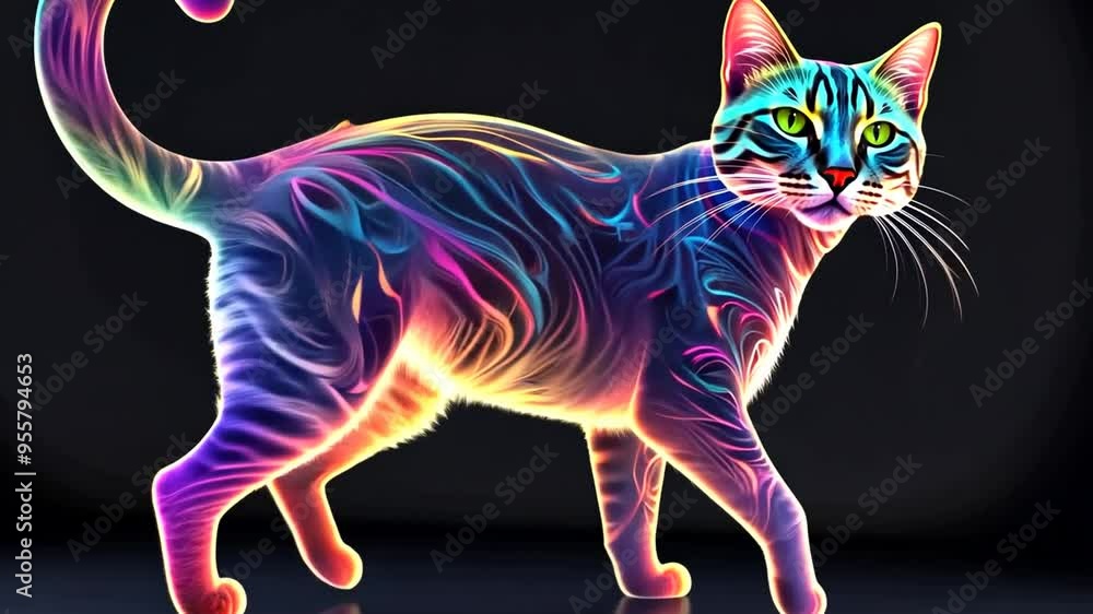 Poster colorful digital art of a cat with vibrant neon patterns generative ai