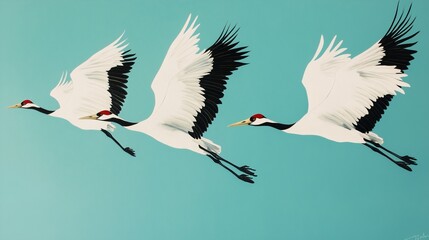 Fototapeta premium Three elegant cranes in flight against a serene blue sky showcasing the beauty of nature and avian grace