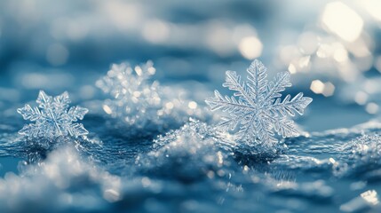 A Single Snowflake on a Blue Background, Surrounded by Other Snowflakes