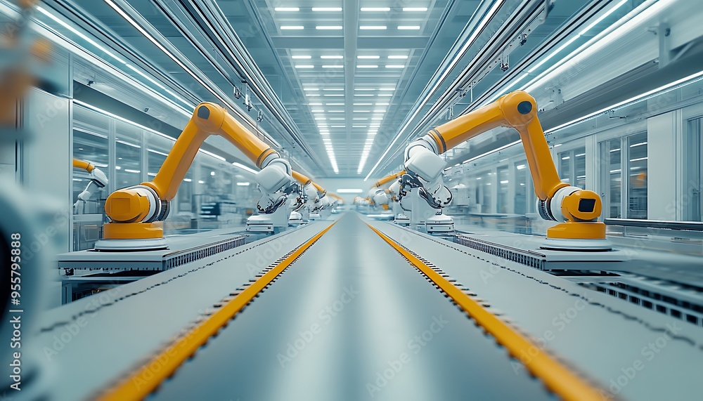 Poster state-of-the-art automotive parts factory with robotic assembly and precision machinery
