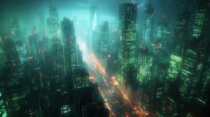 Fototapeta premium futuristic cityscape neon blue and green cyberpunk aesthetics digital network connections retrofuturistic elements abstract data visualization