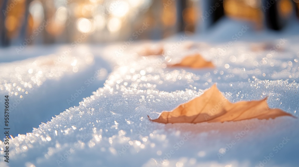 Wall mural a single brown leaf resting on a glittering snow-covered path