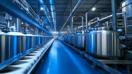 Naklejka premium Modern Dairy Processing Facility with Pristine Equipment and Bright, Controlled Environment