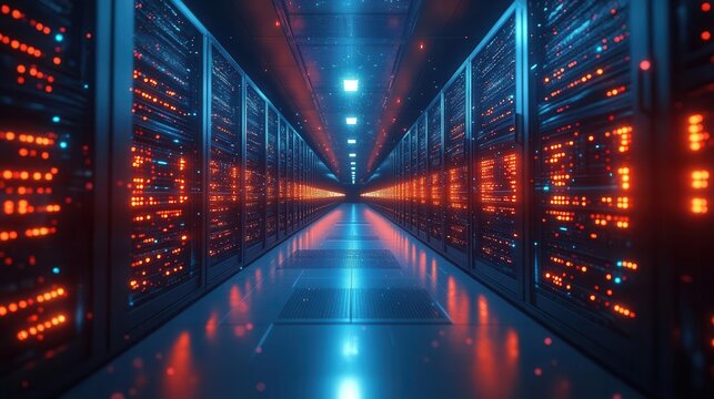 futuristic data center intricate network of glowing fiber optic cables sleek server racks pulsating lights hightech infrastructure cool blue tones digital information flow visualization