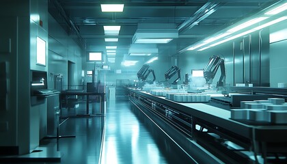 Fototapeta premium Pharmaceutical Processing Facility with Robotic Precision and Sterile Production Environment