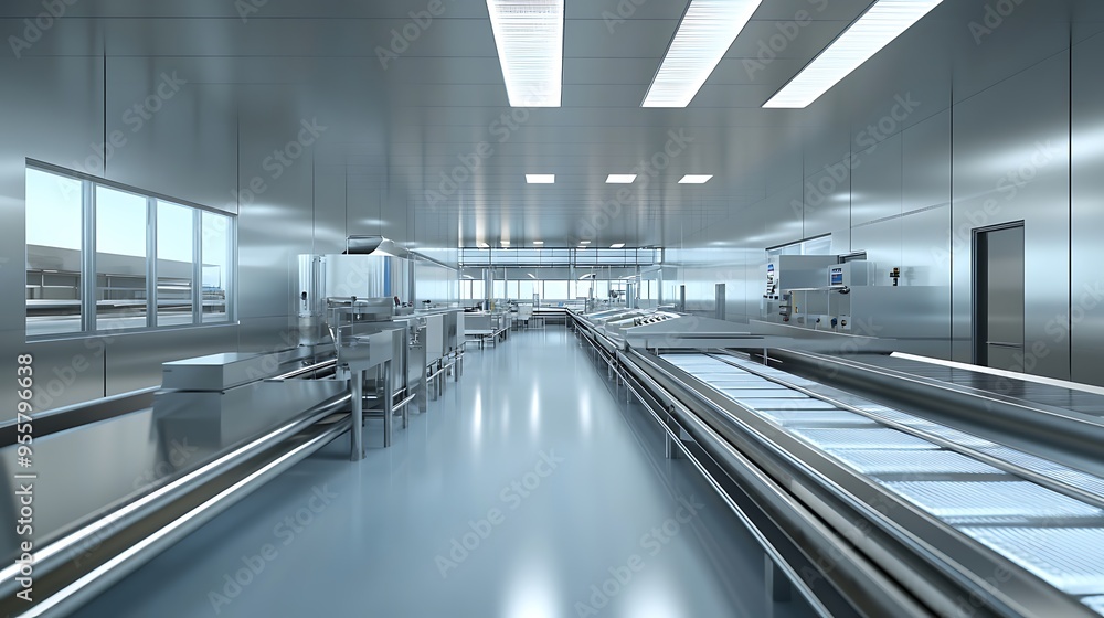 Poster high-tech food processing factory with pristine stainless steel equipment and efficient operations