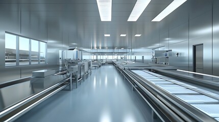 Fototapeta premium High-Tech Food Processing Factory with Pristine Stainless Steel Equipment and Efficient Operations