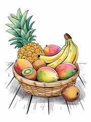 A basket of assorted tropical fruits, watercolor illustration, contour, isolated in white background