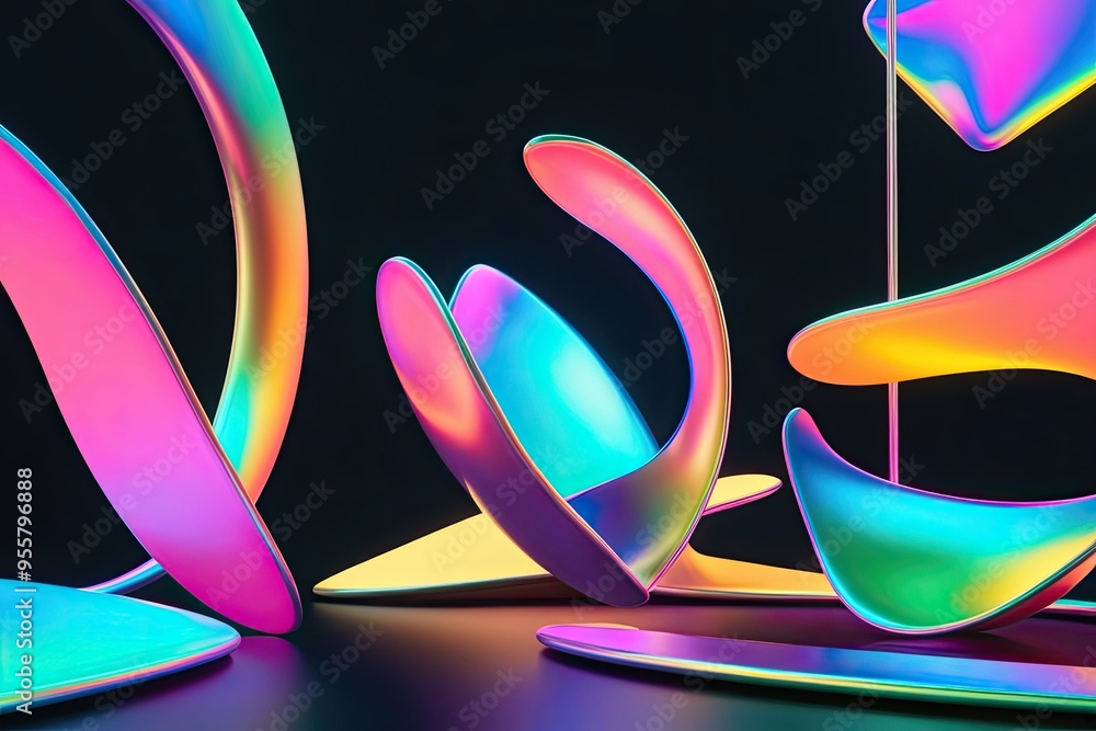 Poster vibrant abstract shapes with iridescent gradients on dark background 3d render