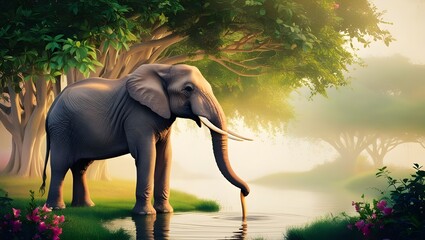 Naklejka premium An elephant roaming freely in the wild, surrounded by tall grasses and trees, with its massive form blending into the natural landscape.